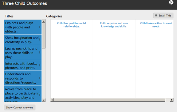 screenshot of Three Child Outcomes activity page