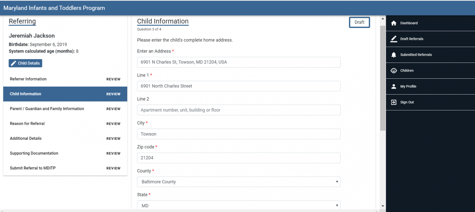 Child address with fields populated