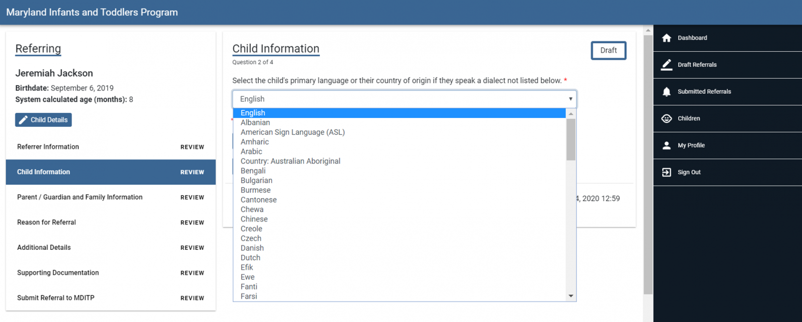 Child information - primary language selected by dropdown