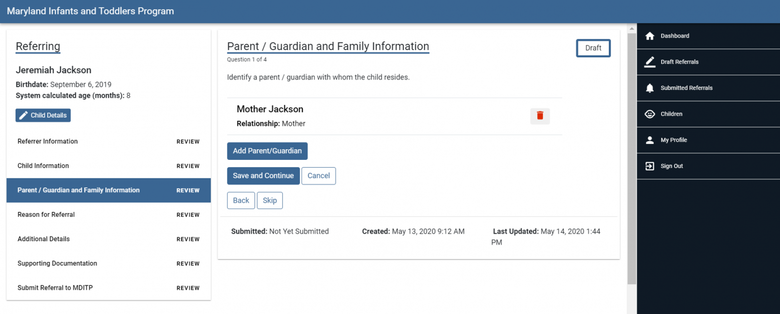 parent guardian family menu - add parent