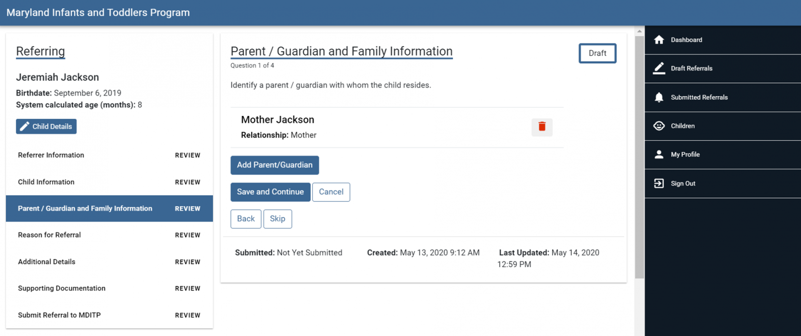 Referring menu with Parent Guardian Information highlighted