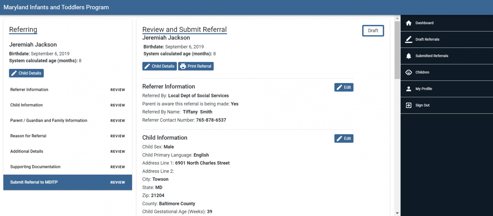 Referring screen shot where details of referral to be submitted are displayed