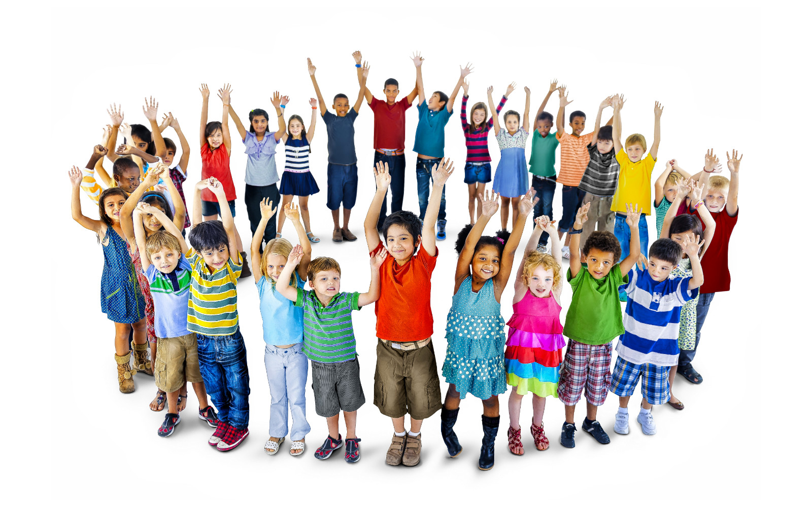 a large group of children holding up their hands